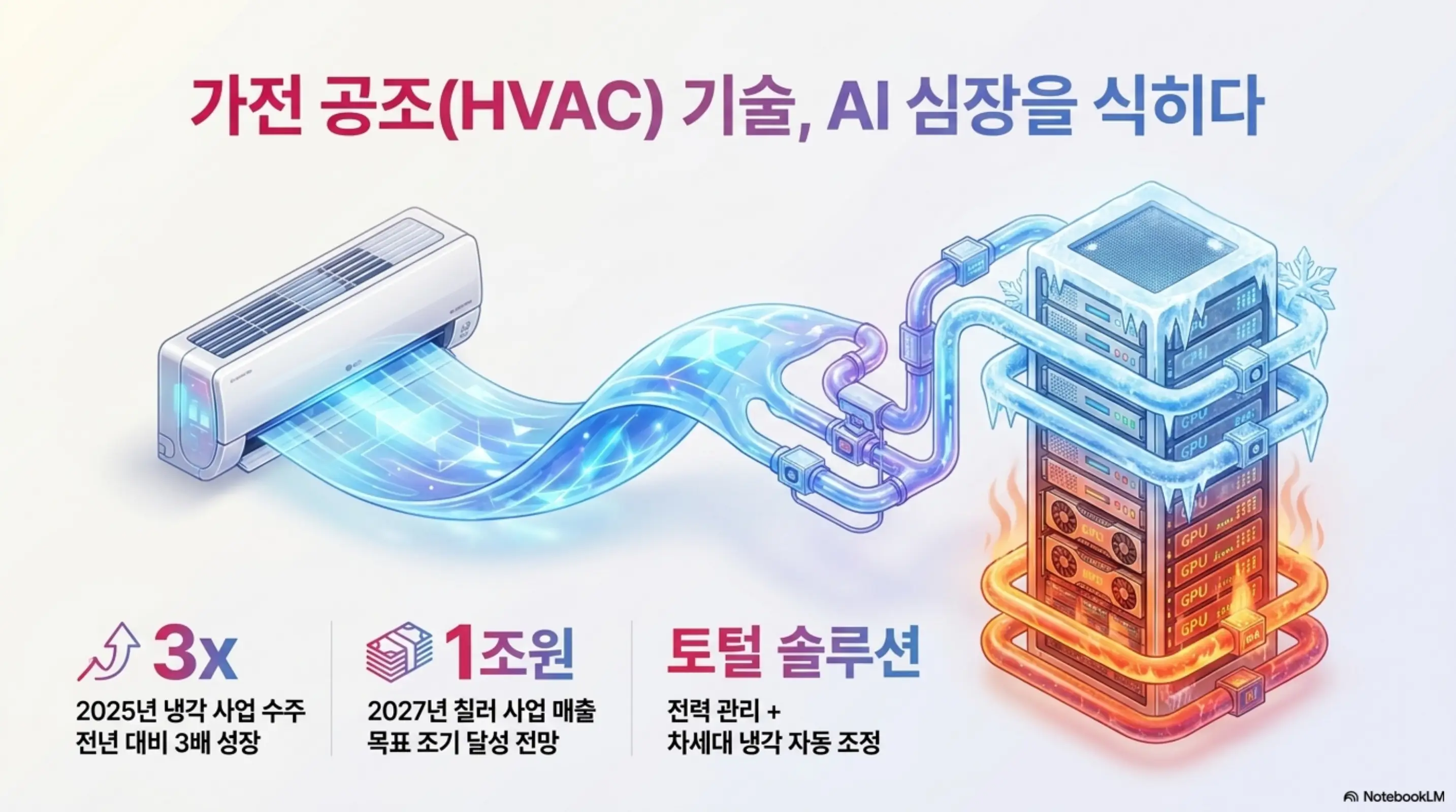 LG전자의 가전 공조 기술이 AI 데이터센터 냉각에 적용되는 과정을 에어컨과 GPU 서버 연결 그래픽으로 표현한 이미지. 냉각 수주 전년 대비 3배 성장과 칠러 매출 1조원 목표 조기 달성 전망 그리고 토털 솔루션 구현을 보여주며 LG전자 데이터센터 냉각 사업을 시각적으로 전달함