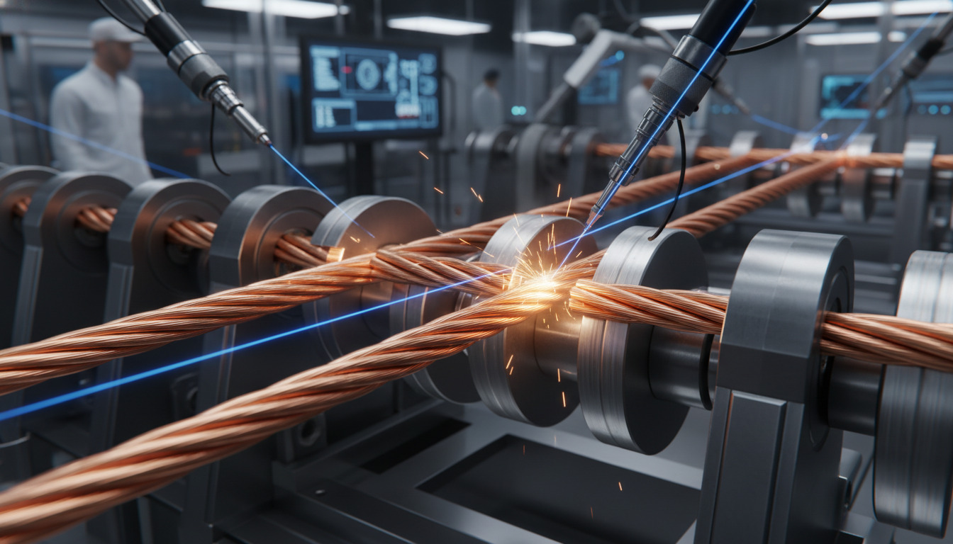 정밀하게 제조되고 있는 산업용 구리 전선 클로즈업