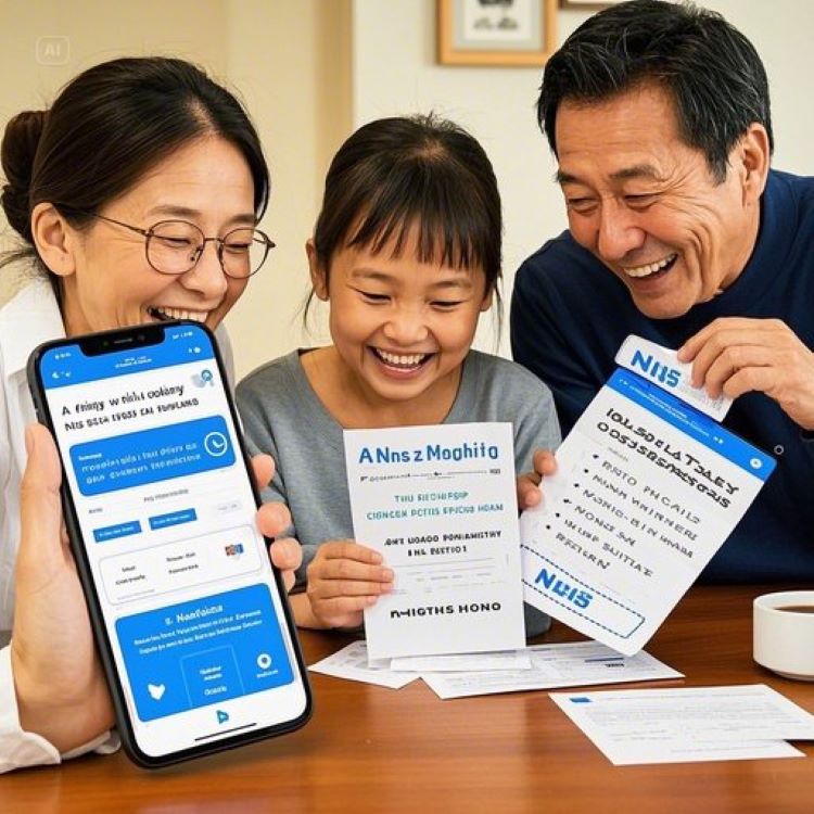 가족이 병원 영수증과 스마트폰 NHIS 앱 화면을 보며 웃는 장면. 건강보험료 환급 그래픽과 소득분위 상한액 표, 따뜻하고 희망적인 분위기.