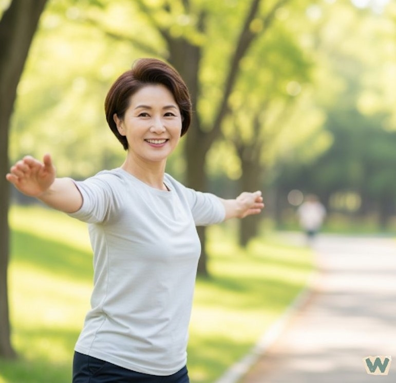 공원에서 팔을 벌리고 스트레칭하는 중년 여성 via canva