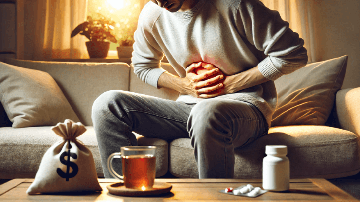 복통으로 인해 배를 움켜쥐고 있는 남성