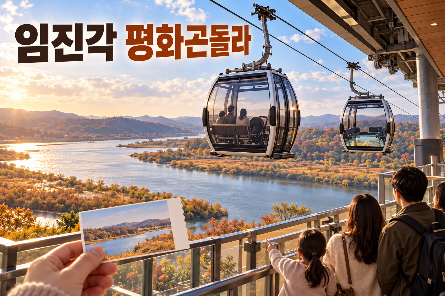 가을 강 위를 건너는 일반·크리스탈 곤돌라와 탑승을 기다리는 가족