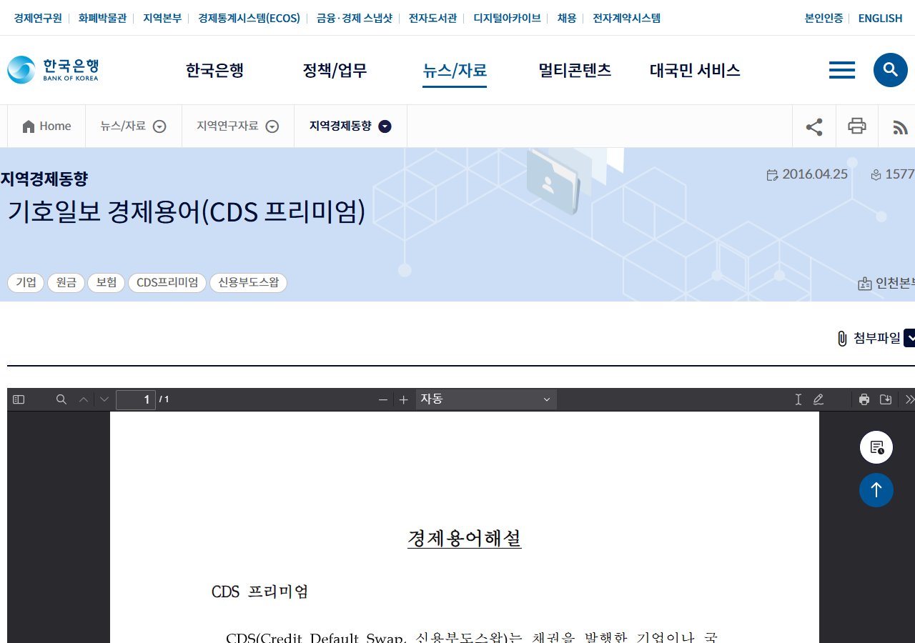 한국은행 경제용어 CDS 프리미엄 설명 화면