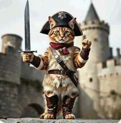 중세 갑옷을 입은 고양이 캐릭터가 성 앞에서 검을 들고 포즈를 취하고 있는 귀여운 일러스트