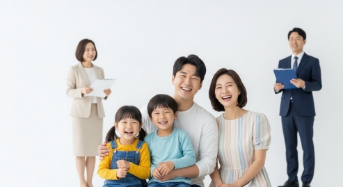 전문가의 친절한 설명과 함께 웃는 부모와 어린이