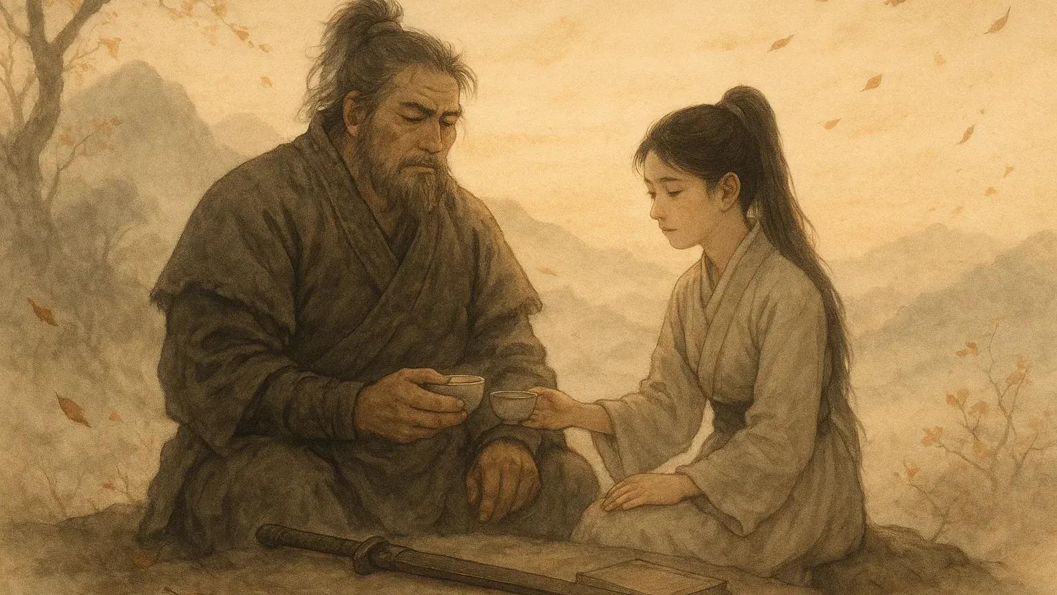 무협 세계관 속 백리연과 백리의강 부녀의 따뜻한 가족애를 상징하는 감동적인 장면