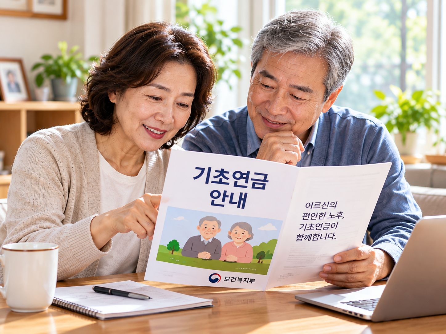 기초연금 안내문을 살펴보는 60대 후반의 부부의 이미지