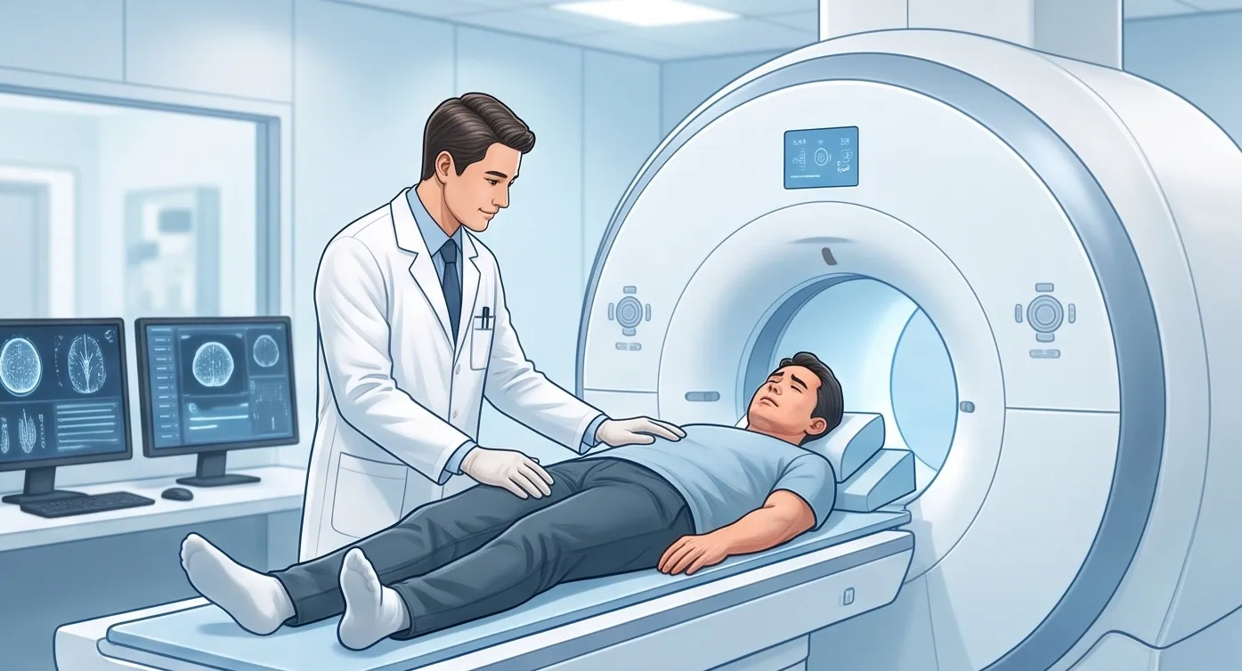 의사가 MRI 검사 기계 앞에 누워있는 환자를진찰하고 있으며, 옆 모니터에 뇌 및 척추 스캔 영상이 보이는 모습