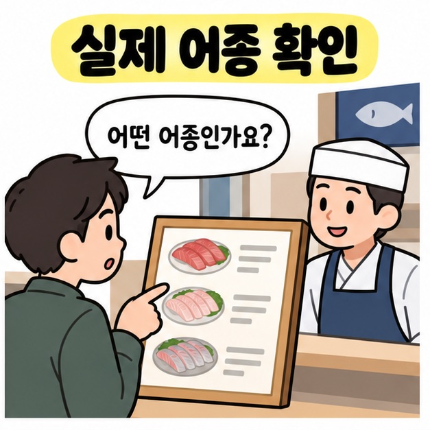 실제 어종 확인 문구 아래 손님이 횟집 메뉴를 가리키며 어떤 어종인지 판매자에게 묻는 모습