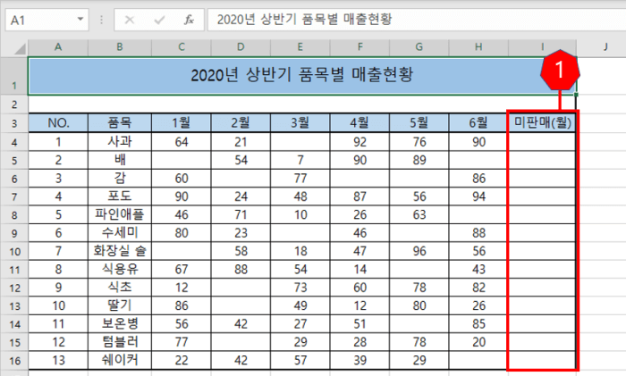 2020년 상반기 품목별 매출현황 엑셀 사진
