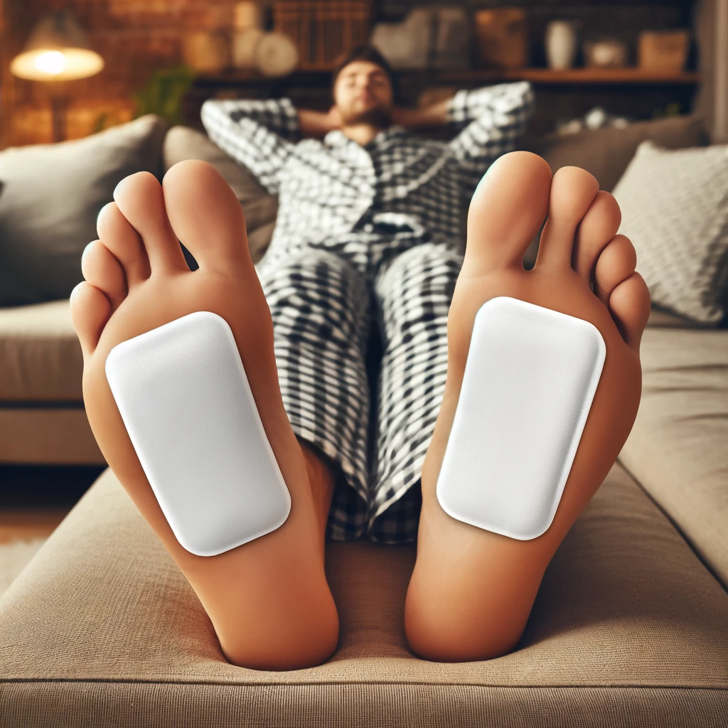 발바닥에 파스 붙이고 쉬는 남성의 이미지