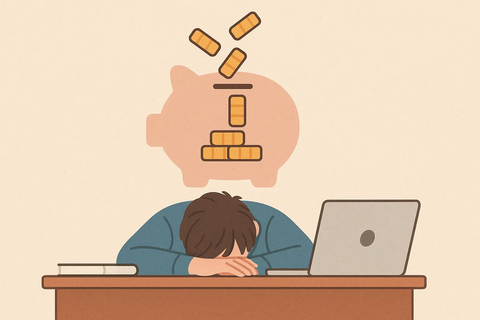 지친 현대인이 책상에 엎드려 있는 모습, 머리 위에 &lsquo;수면 부채(sleep debt)&rsquo;라는 글자 대신 저금통에 쌓이는 동전처럼 부족한 수면 시간을 상징