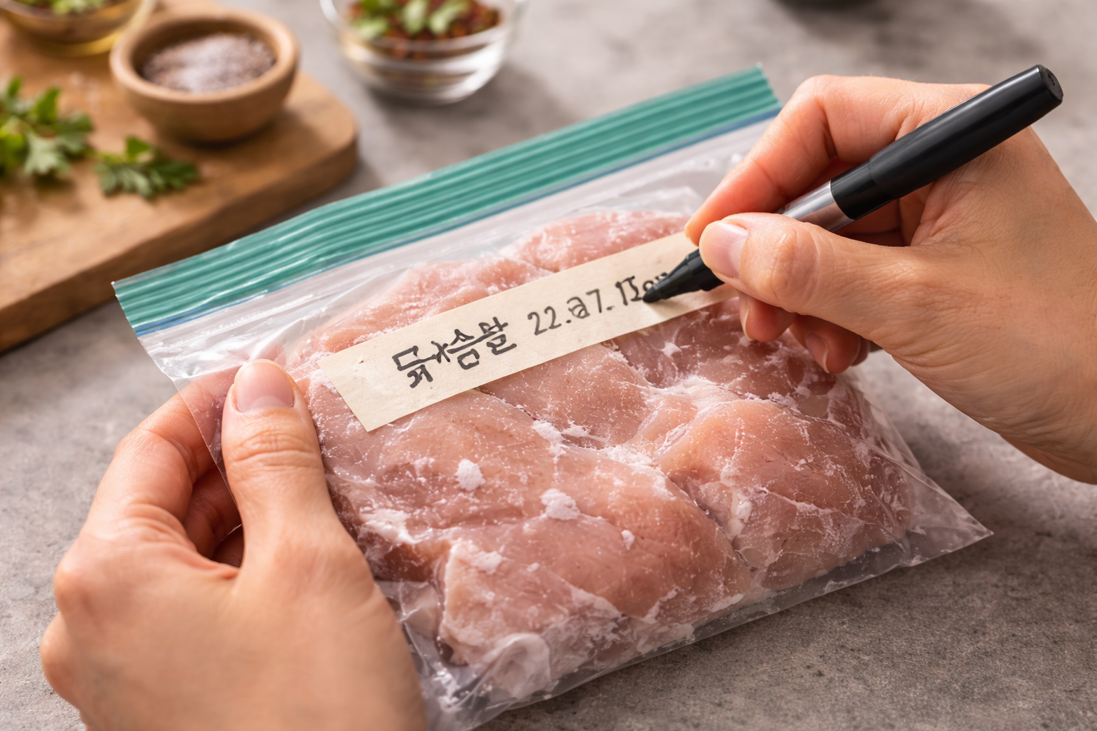 마스킹테이프로 재료명과 냉동 날짜를 적어 지퍼백에 붙이는 과정입니다.