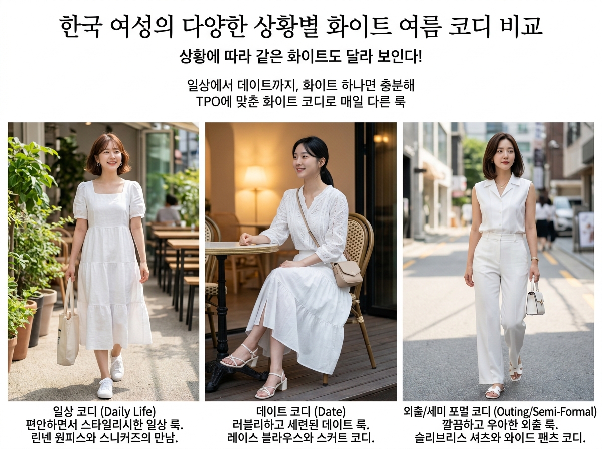 상황별 화이트 코디 비교 컷

내용: 같은 화이트도 상황에 따라 달라져요!
데일리부터 데이트까지 화이트 하나로 OK
TPO 맞는 화이트 코디로 매일 다른 느낌