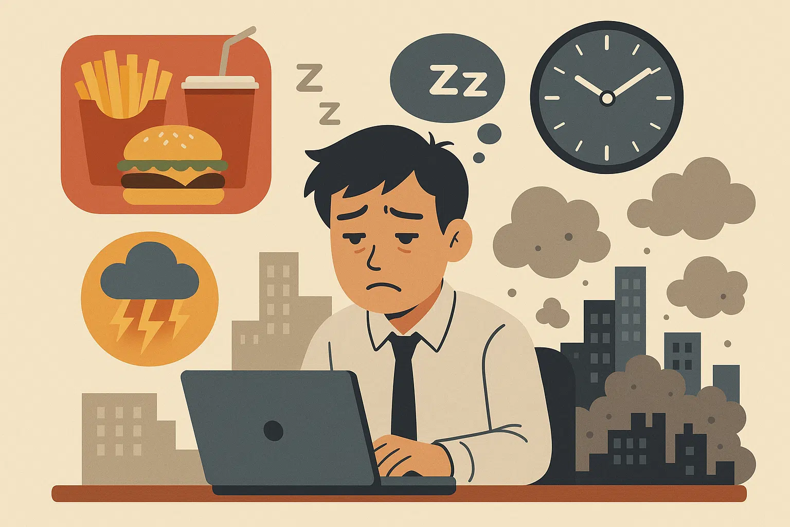 패스트푸드, 야근, 수면 부족, 스트레스, 대기오염