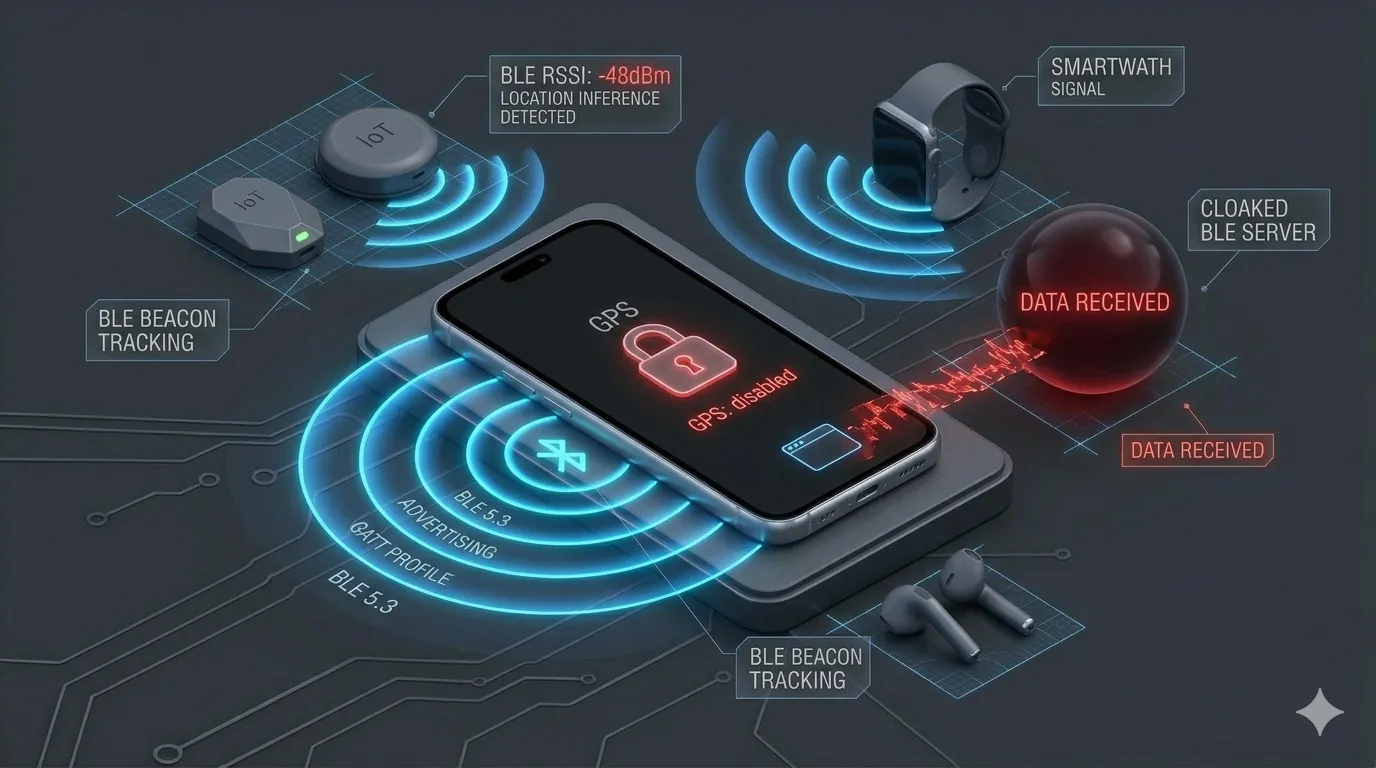 GPS 권한을 우회하여 주변 블루투스 기기 신호를 통해 위치 데이터를 전송하는 스마트폰 보안 취약점 도해