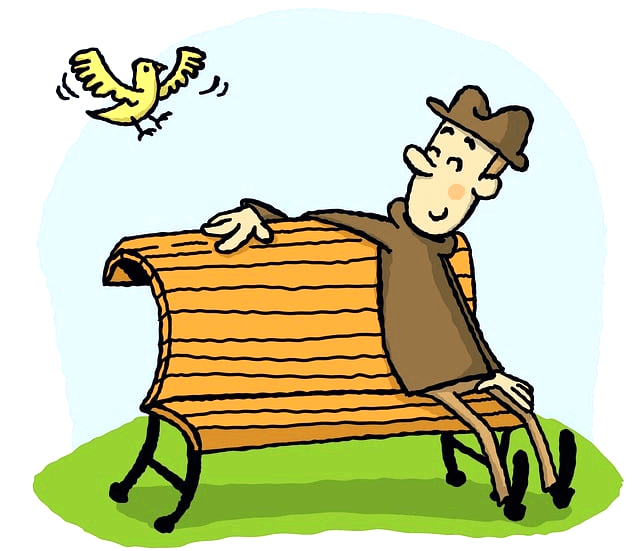 나무 벤치에 중년 남자가 앉아서 노란 새를 보며 웃고 있다.