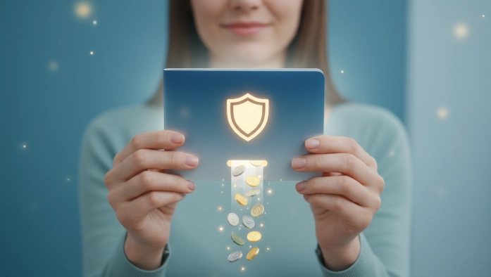 안전하게 보호받는 통장을 들고 안도하는 사람의 모습, 파란색과 회색 배경에 방패 모양 아이콘이 있는 은행 통장과 돈이 그려져 금융 보호를 상징합니다.