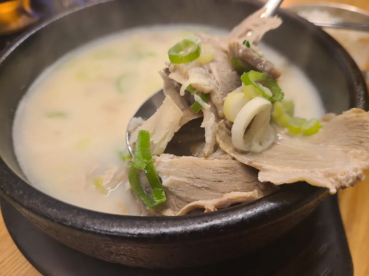 장암역-돈수백식당-돼지국밥한그릇-국밥속에서-숟가락으로-건져올린-고기와-다진파가많음