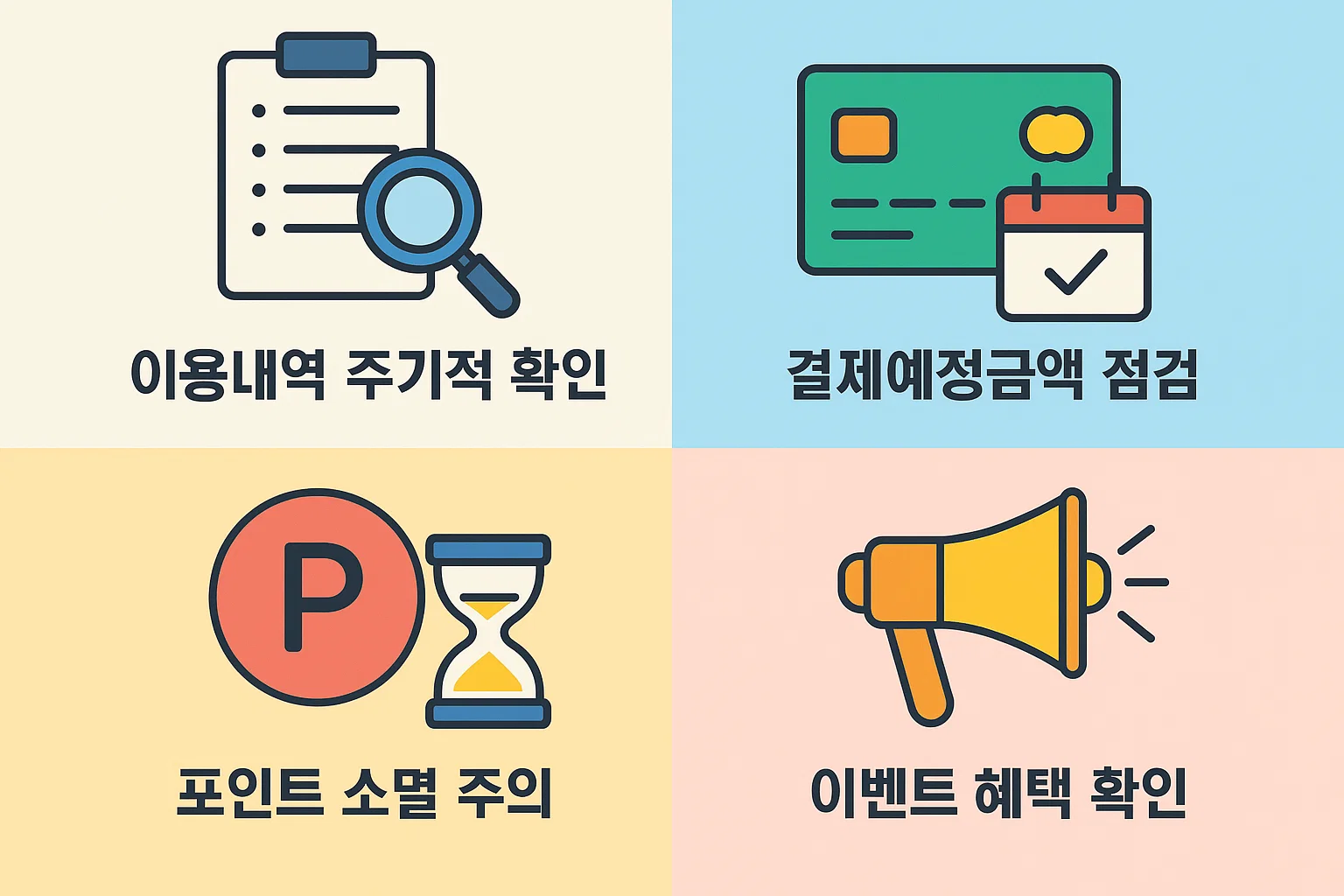 농협비씨카드 이용자가 이용내역 확인, 결제예정금액 점검, 포인트 소멸 주의, 이벤트 혜택 확인 등 꼭 챙겨야 할 핵심 체크리스트를 정리한 인포그래픽