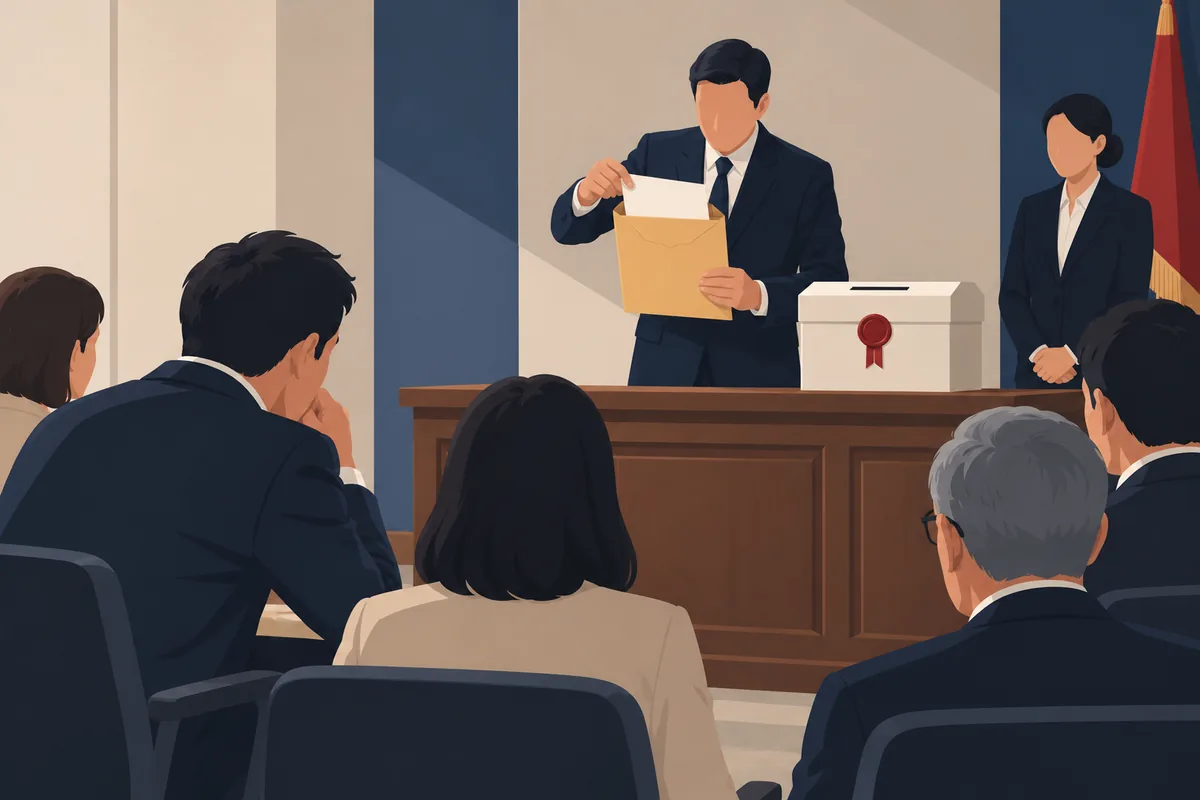 집행관이 입찰봉투를 개봉하고 입찰자들이 지켜보는 개찰 장면