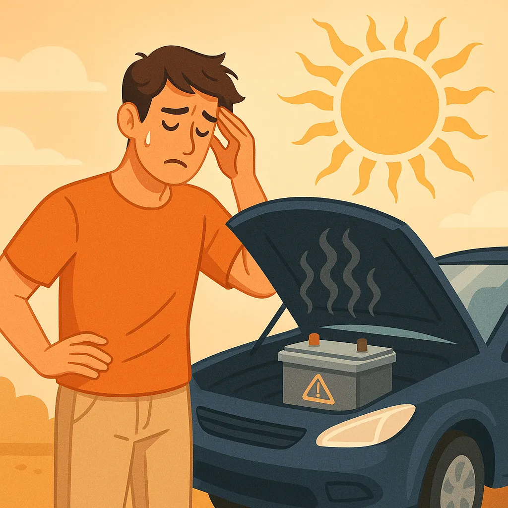 여름-한낮의-강한-햇빛-아래-자동차-보닛을-열고-방전된-배터리를-걱정스럽게-바라보는-남성의-모습-고온으로-인한-배터리-방전-위험을-표현한-장면
