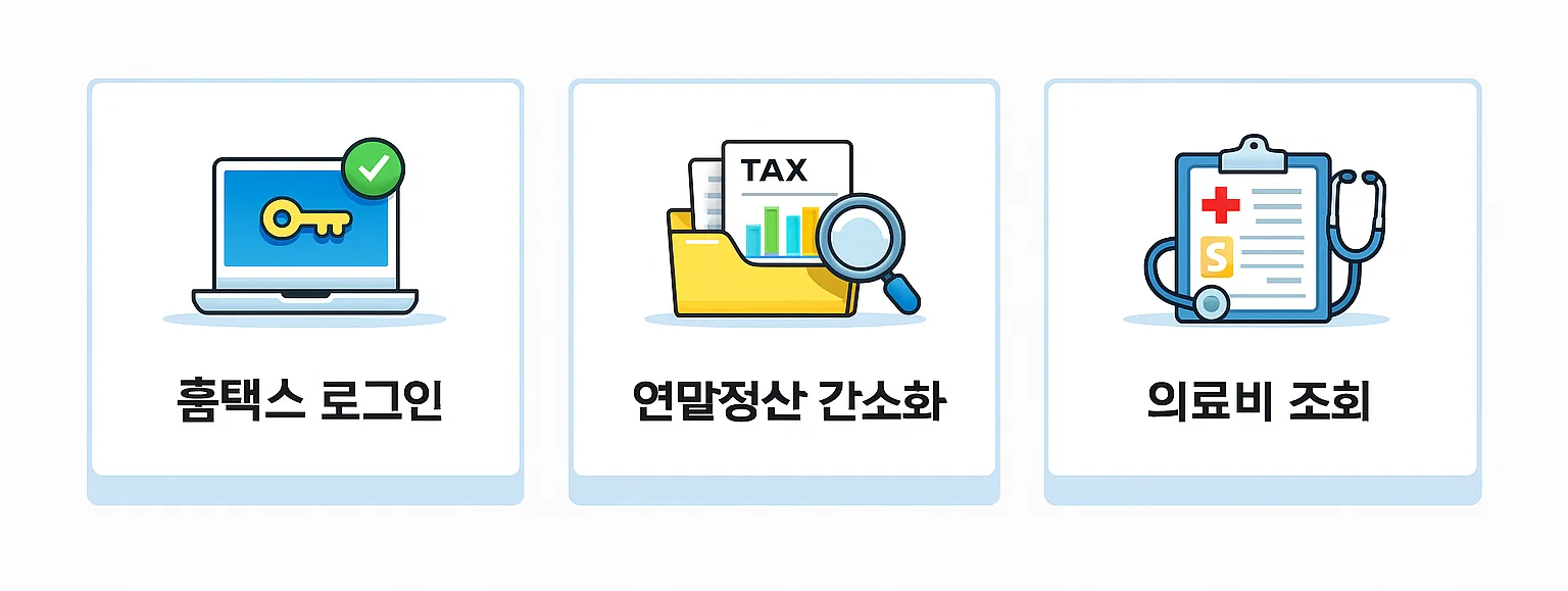 연말정산 실비보험 의료비 조회를 위해 홈택스 로그인 후 간소화 서비스에서 의료비 항목을 확인하는 흐름을 단계별로 보여주는 이미지입니다