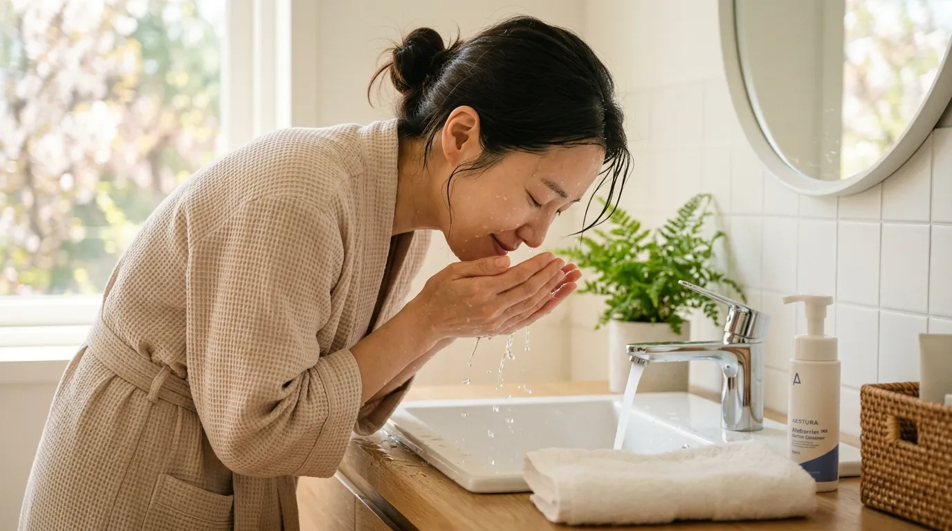 귀가 후 세면대에서 미온수로 세안하는 여성의 모습