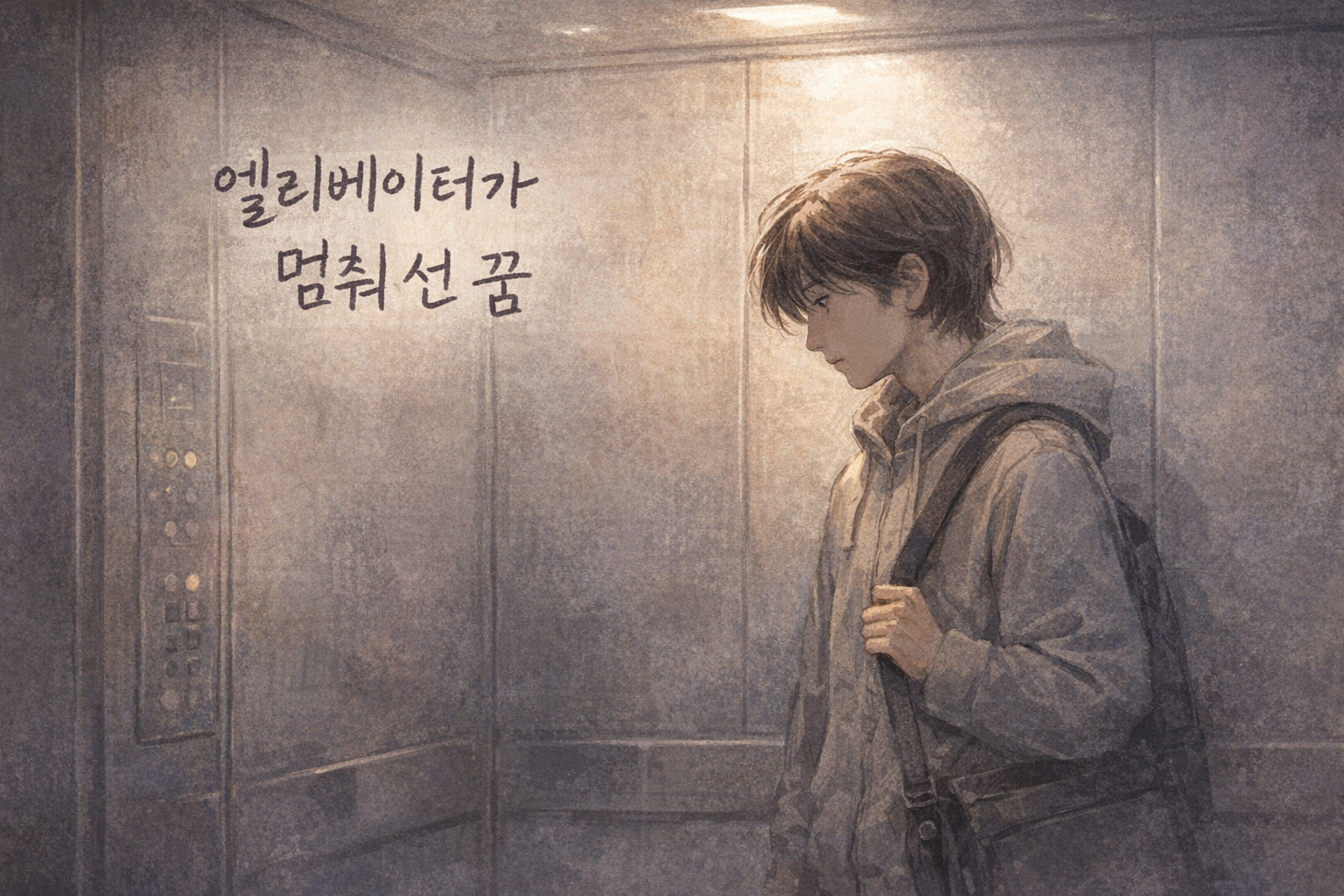 엘리베이터 안에서 멈춰 선 채 불안하게 생각하는 인물 일러스트