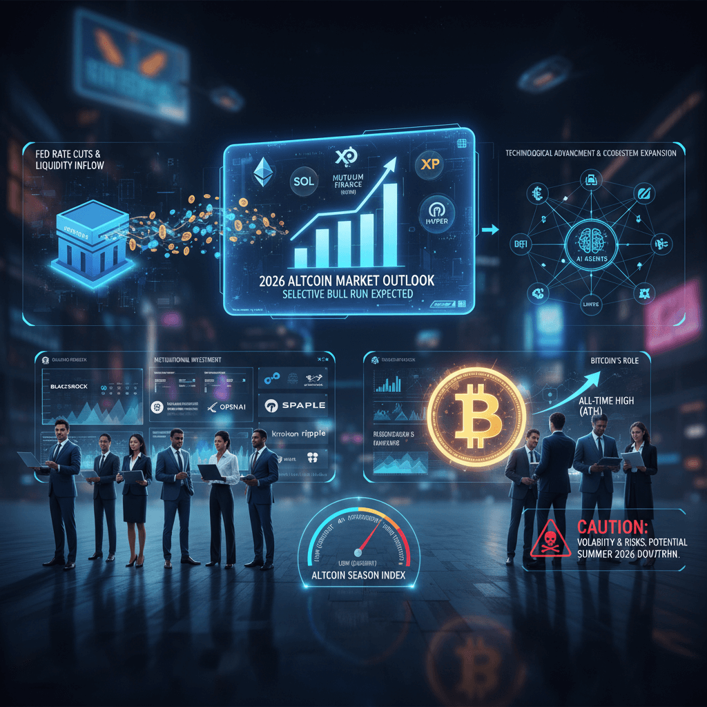 2026년 알트코인 시장 전망 이미지. 금리 인하, 기술 발전, 비트코인 역할로 강세장 예상하나, 변동성 위험 경고. 전문가들이 분석하는 디지털 금융 미래