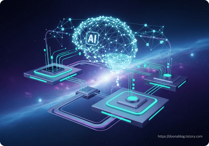 AI가 이끄는 차세대 인터넷 환경을 표현한 우주적 네트워크 3D 렌더링