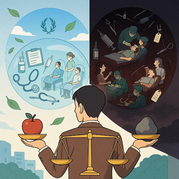 의료 선택의 균형을 저울로 표현한 그림