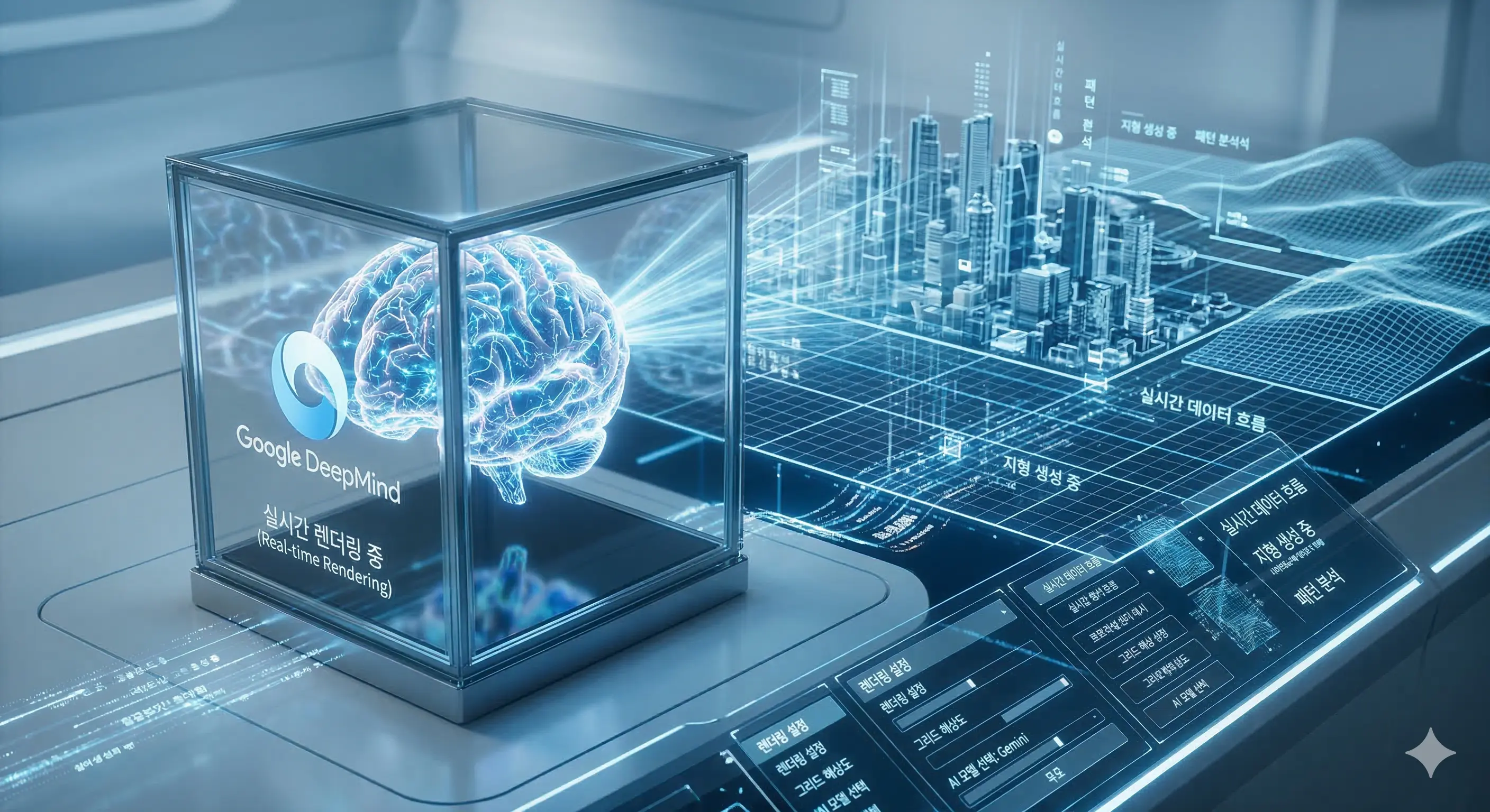 구글 딥마인드 Genie 3가 실시간으로 3D 가상 세계를 생성하는 미래지향적 이미지