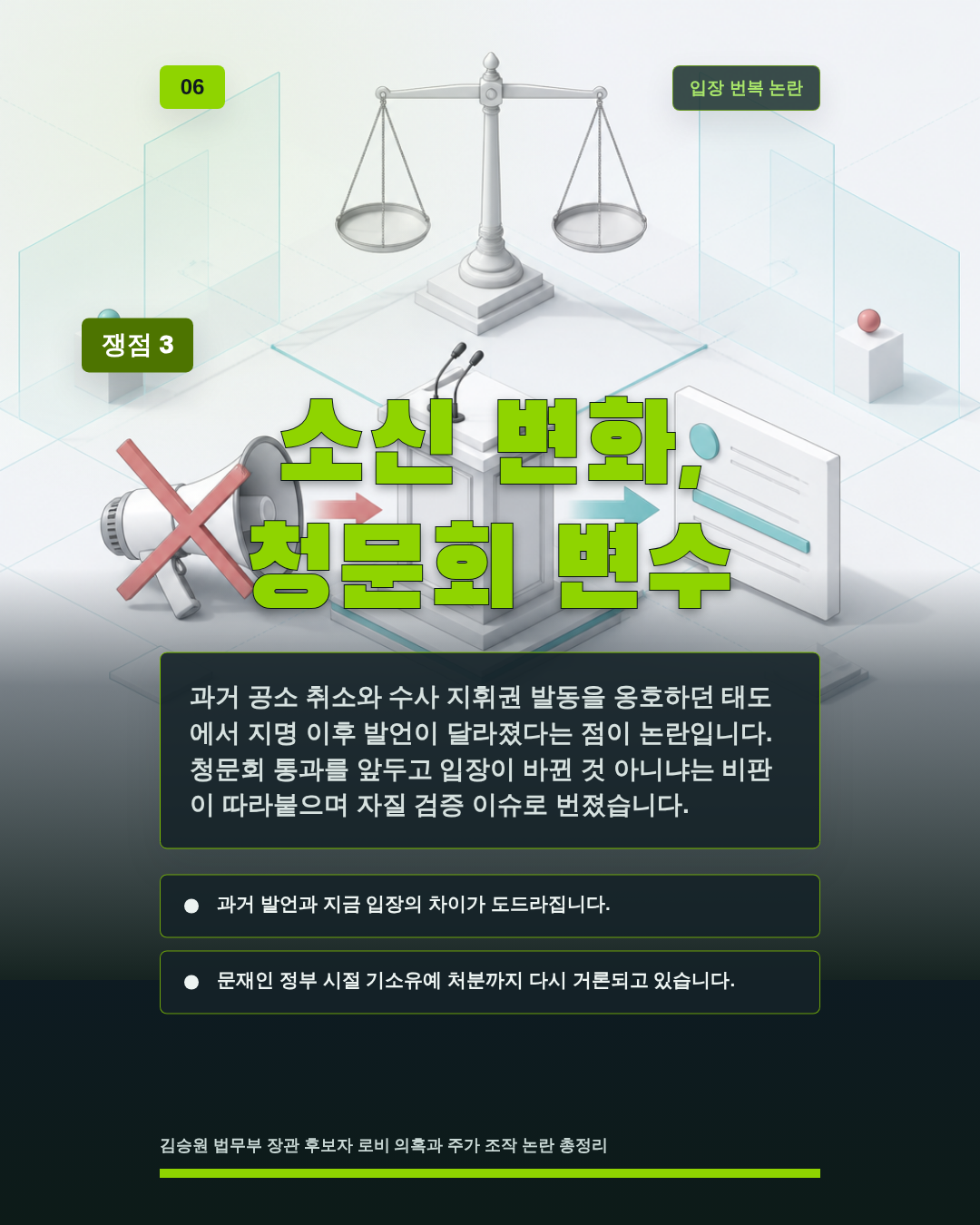 소신 변화, 청문회 변수
