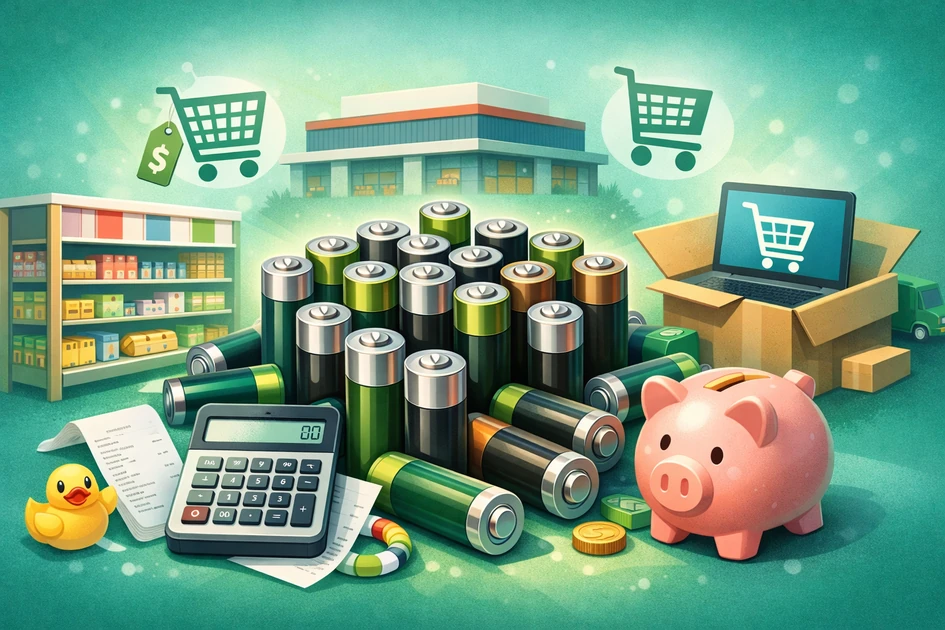 대용량 AA 건전지 여러 개가 쌓여 있고 계산기·영수증·저금통·배송 박스와 장난감 소품이 함께 배치된 가성비 비교 및 대량 구매를 상징하는 일러스트