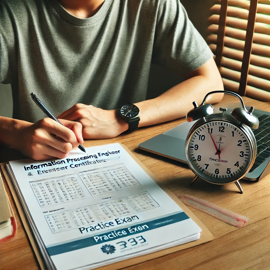책상에 앉아 타이머를 설정하고 정보처리기사 연습시험 문제를 푸는 학생. 노트와 펜, 노트북이 정리되어 있는 집중적인 학습 환경