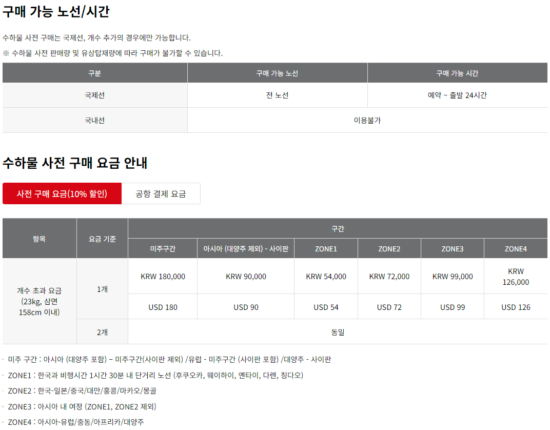 아시아나항공 수하물 사전 구매 요금 안내(10% 할인)