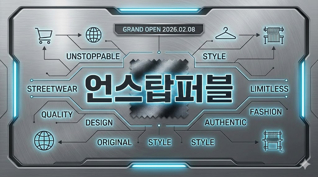 언스탑퍼블 스트릿 브랜드 공식 온라인 스토어 그랜드 오픈을 기념하는 고해상도 비즈니스 인포그래픽 이미지로 브랜드의 정체성과 고품질 디자인 철학을 시각적으로 표현함.