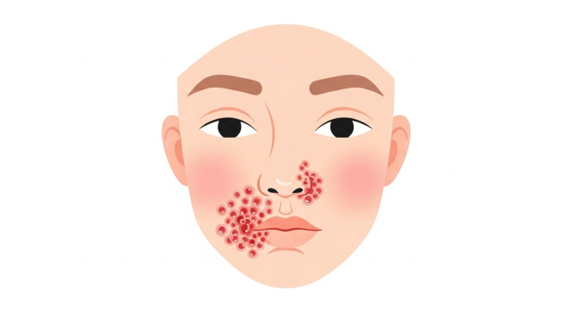 입술과 코 주변에 국소적으로 물집이 생긴 헤르페스 1형 피부 감염 모습