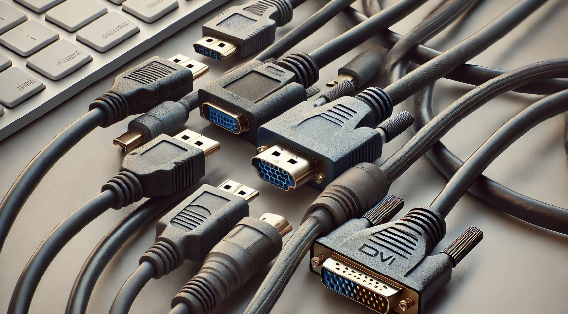 HDMI, DisplayPort, DVI 케이블이 컴퓨터에 느슨하게 연결된 모습. 케이블에 사용 흔적이 보임.