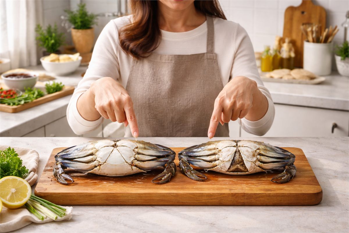 주방에서 암꽃게와 수꽃게의 차이를 비교해 보는 생활형 장면 
