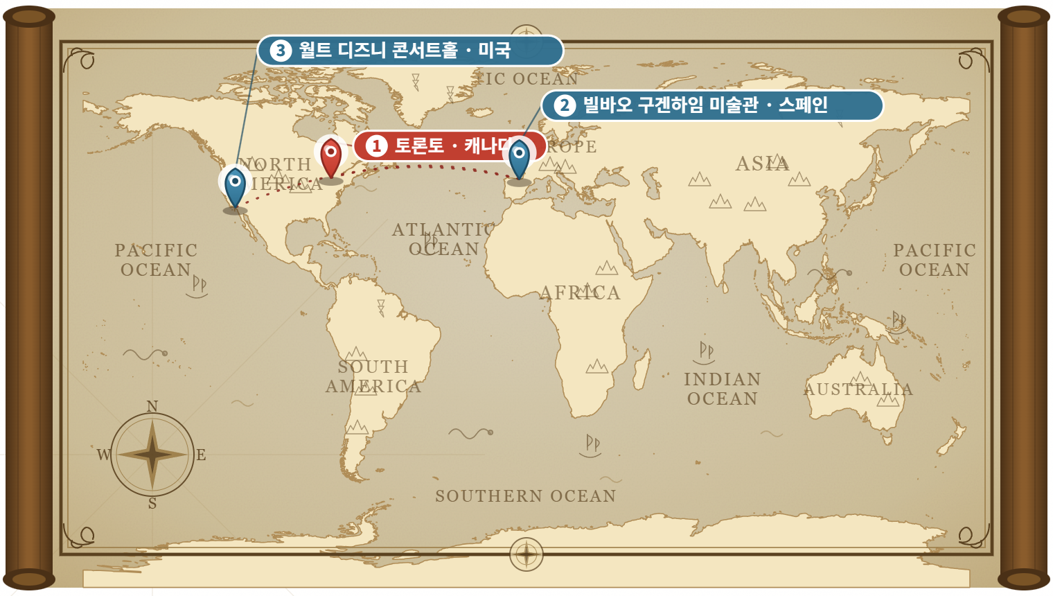 프랭크 게리의 고향과 대표작 위치를 표시한 항해지도