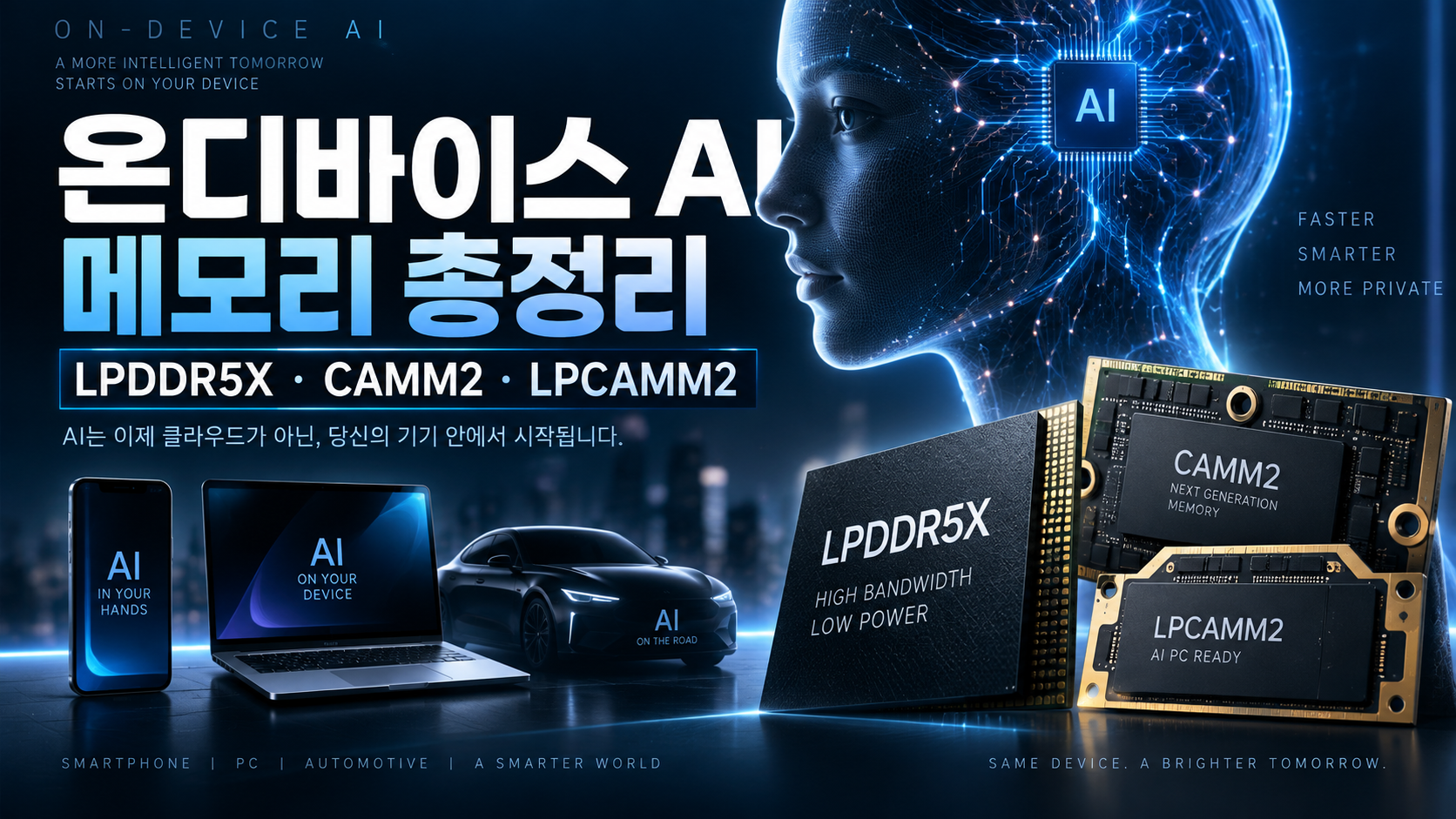 `On-device AI memory ecosystem featuring LPDDR5X, CAMM2, LPCAMM2, AI PCs, smartphones, and automotive devices`