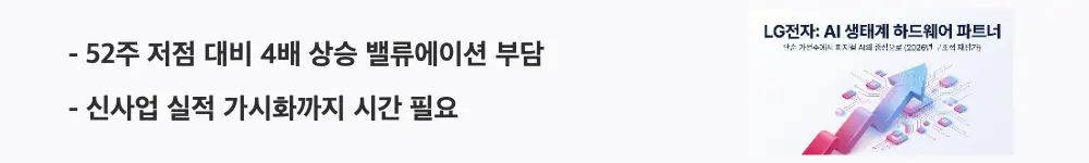 LG전자 주가 전망: "52주 저점 대비 4배 상승 밸류에이션 부담 / 신사업 실적 가시화까지 시간 필요"라는 문구가 포함된 웹배너 이미지. 이 이미지는 LG전자 주가 투자 시 점검해야 할 밸류에이션 부담과 목표주가 괴리 등 리스크 요인을 시각적으로 전달하며, 블로그의 LG전자 주가 전망 리스크와 관련된 내용을 설명함