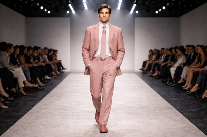 2026 S/S 패션위크 런웨이에서 선보여진 남성용 더스티 핑크 리넨 셋업 워킹 장면.