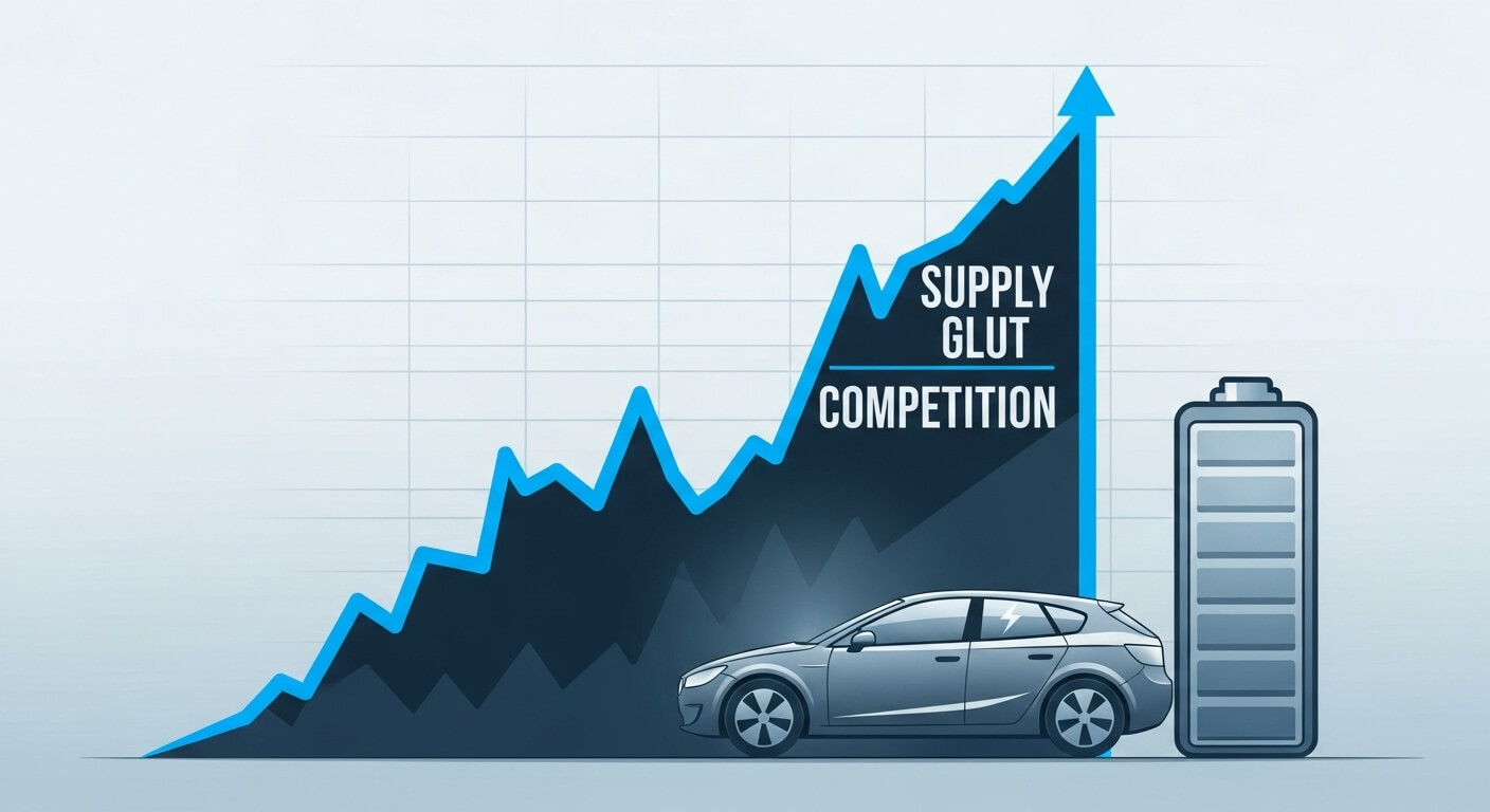 차량이 있고 전지 모양이 있다. 뒤에 그래프가 상승하고 있다