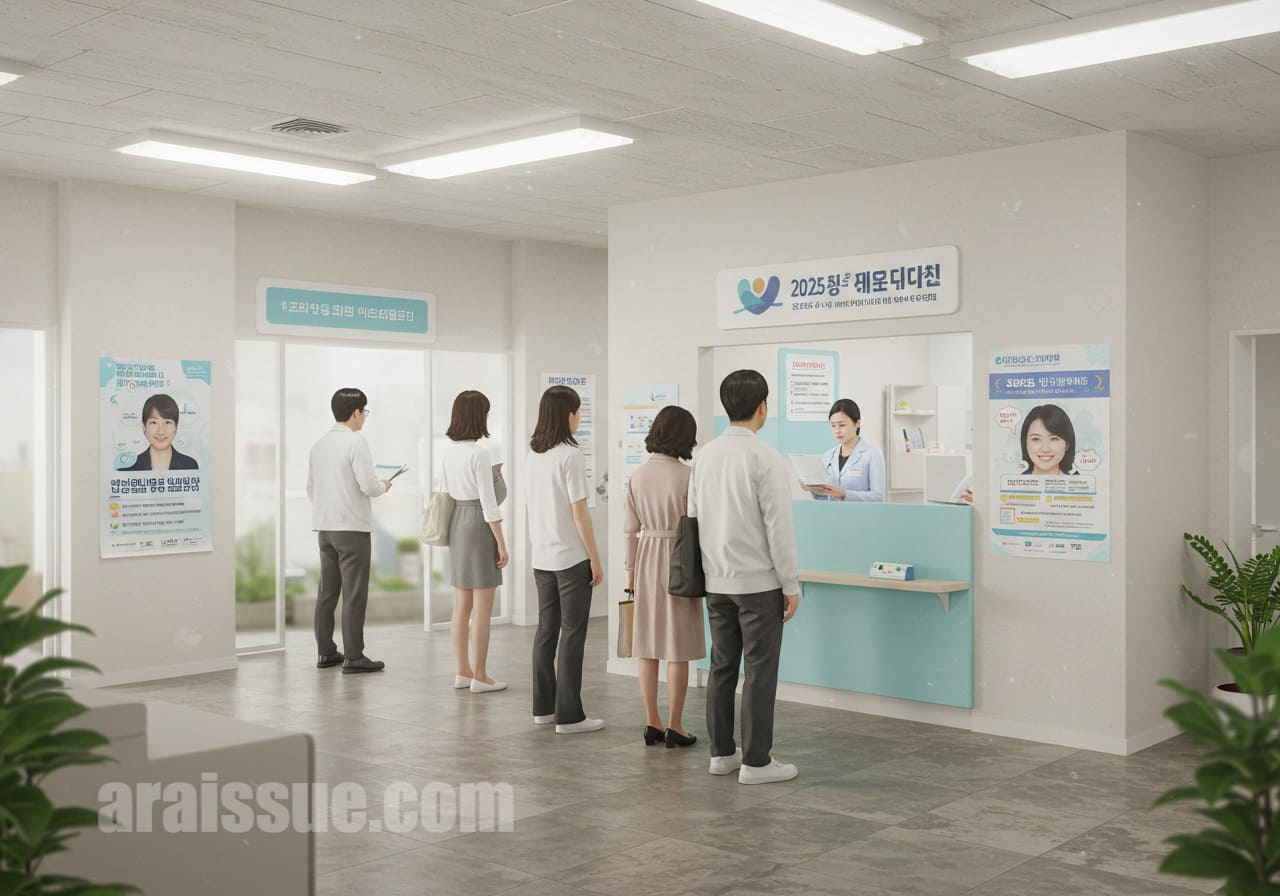 현대적인 한국 보건소 내부에서 사람들이 상담을 받기 위해 기다리고 있으며, 정책 변화를 알리는 안내 포스터가 벽에 붙어 있는 장면입니다.