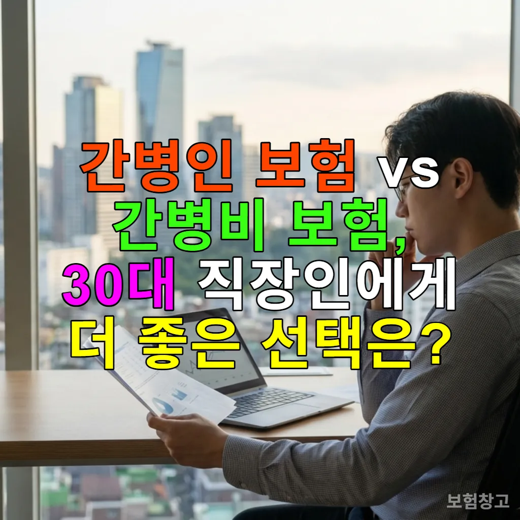 30대 직장인이 간병보험 서류를 검토하며 미래를 계획하는 모습