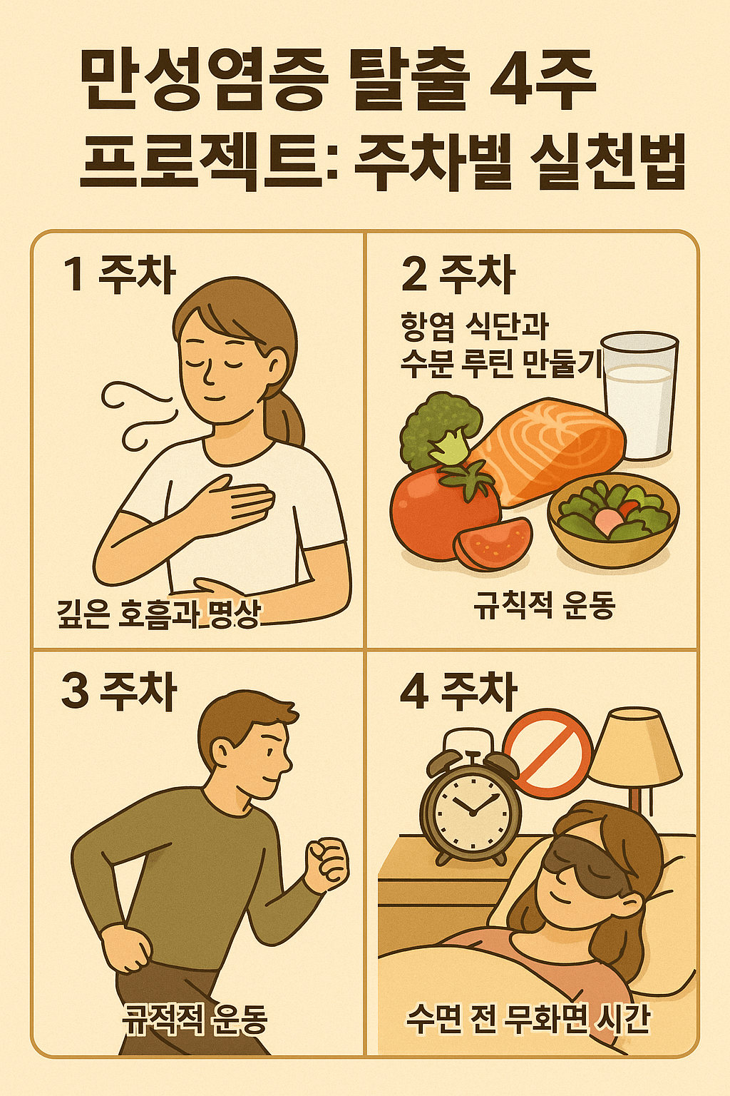 4주 실천 프로젝트로 만성염증을 극복하는 라이프스타일을 상징적으로 표현한 이미지