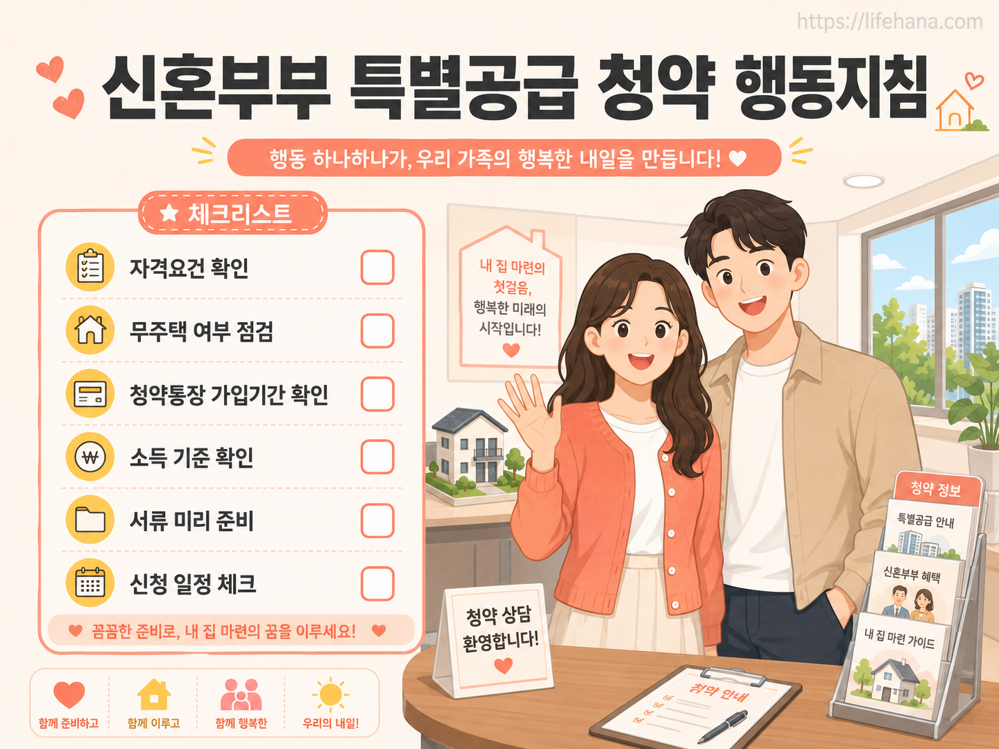모델하우스에서 상담원과 특별공급 자격 요건을 진지하게 상담하는 신혼부부 행동지침 가이드 카드